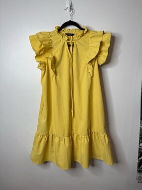 Escalier Yellow Ruffle Sleeve Mini Dress Size L Tie Neck Tiered Hem